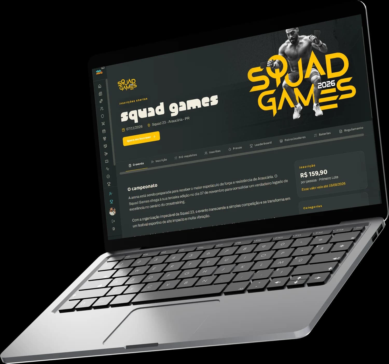 Notebook mostrando a página do Squad Games dentro do Club do Atleta