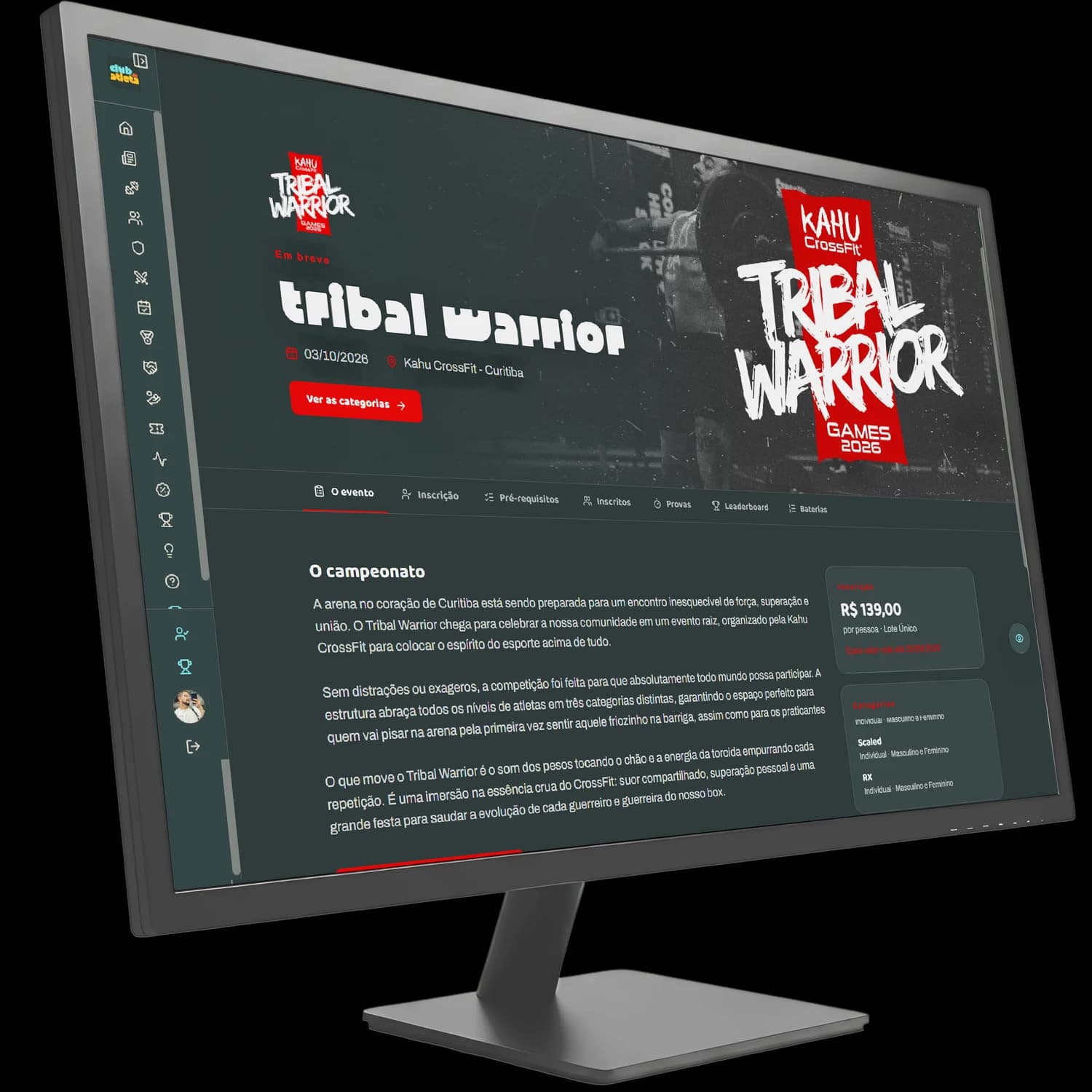 Monitor mostrando a página do Tribal Warrior dentro do Club do Atleta