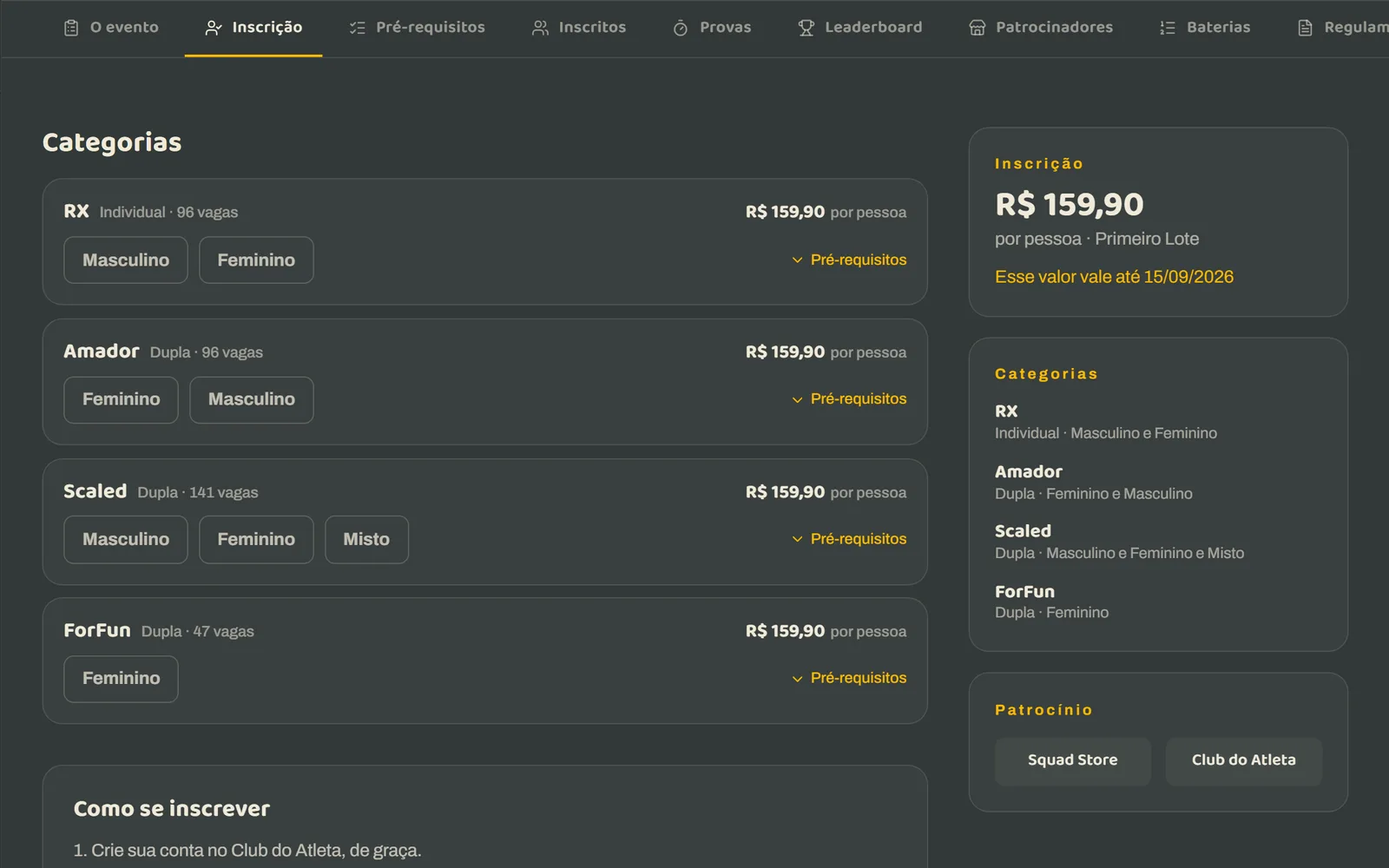 Tela de inscrição do campeonato, com as categorias e o preço